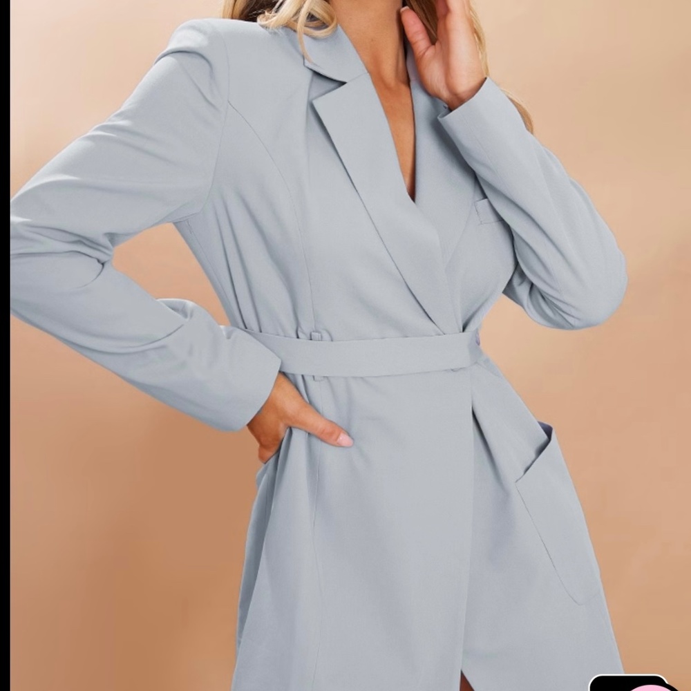 Blue Button Belt Detail Pocket Blazer Dress